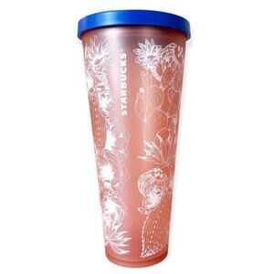 2019 Starbucks Coral Soft Touch Cactus 24 oz Tumbler Cup Blue‎ Lid Collectible